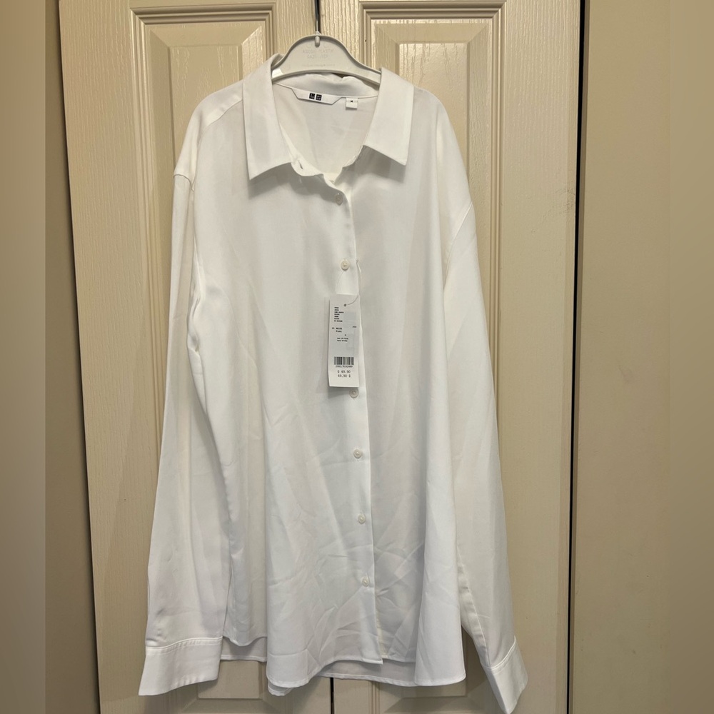 Uniqlo Button Down White Long Sleeve Rayon Blouse  Women's Size M